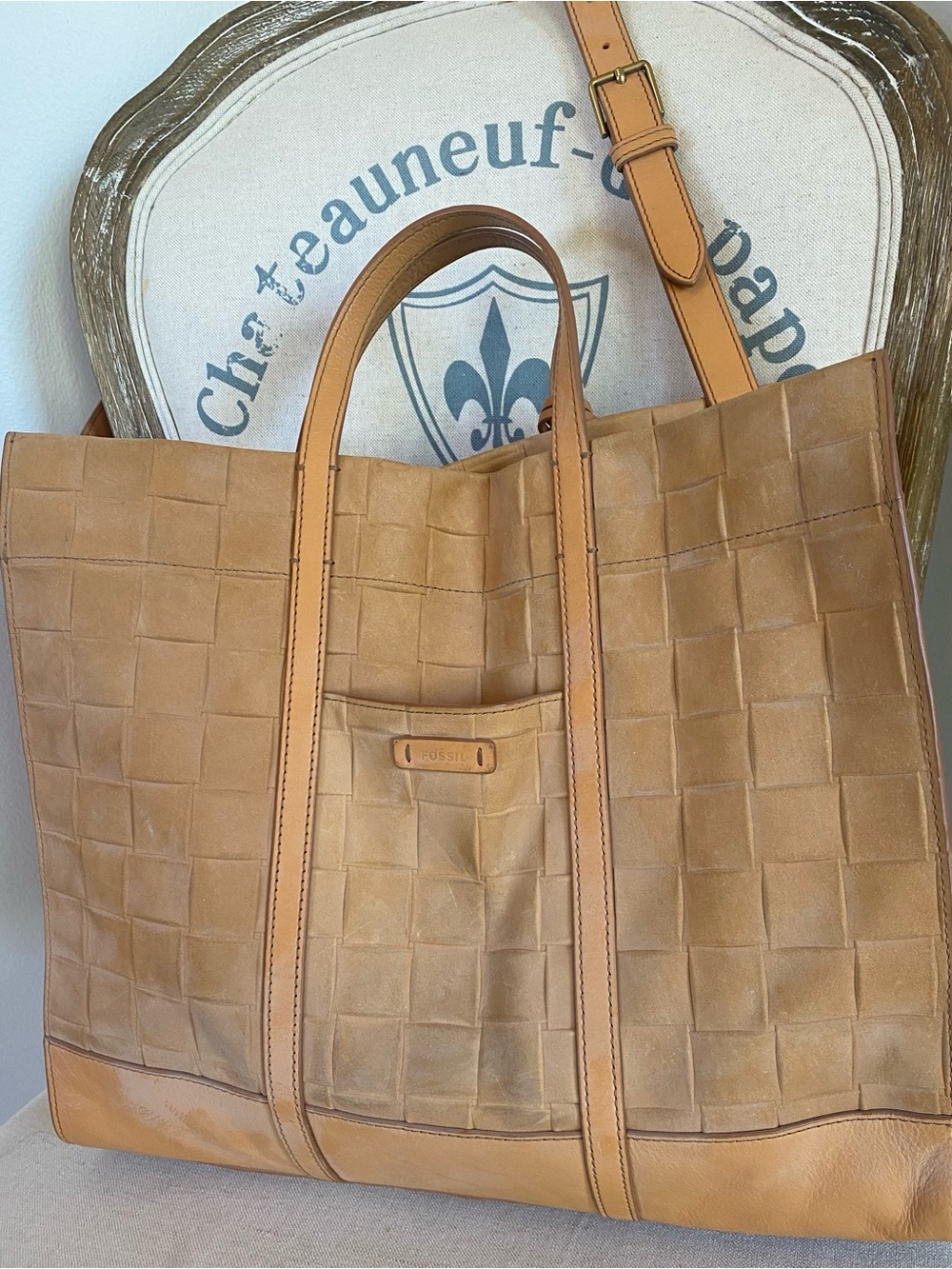 Fossil Carmen Woven Large Tote in Cognac Tan with Multi-Color Tassel - Picture 2 of 7